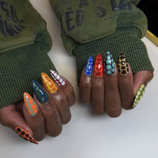 Vibrant Wildfire Medium Stiletto Press On Nail Set in Multi-Colored with Unique Patterned Design