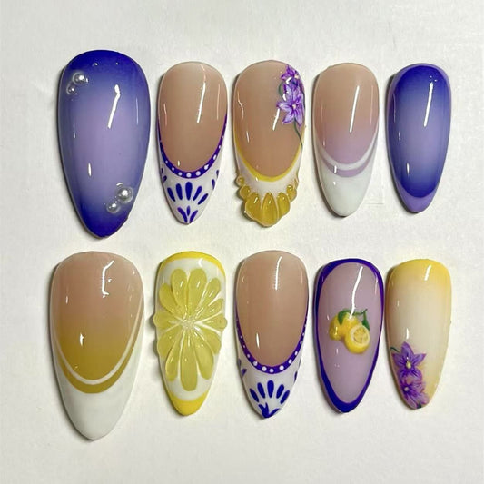 Citrus Bliss Medium Almond Gradient Purple and Yellow Nail Set with Floral and Lemon Designs