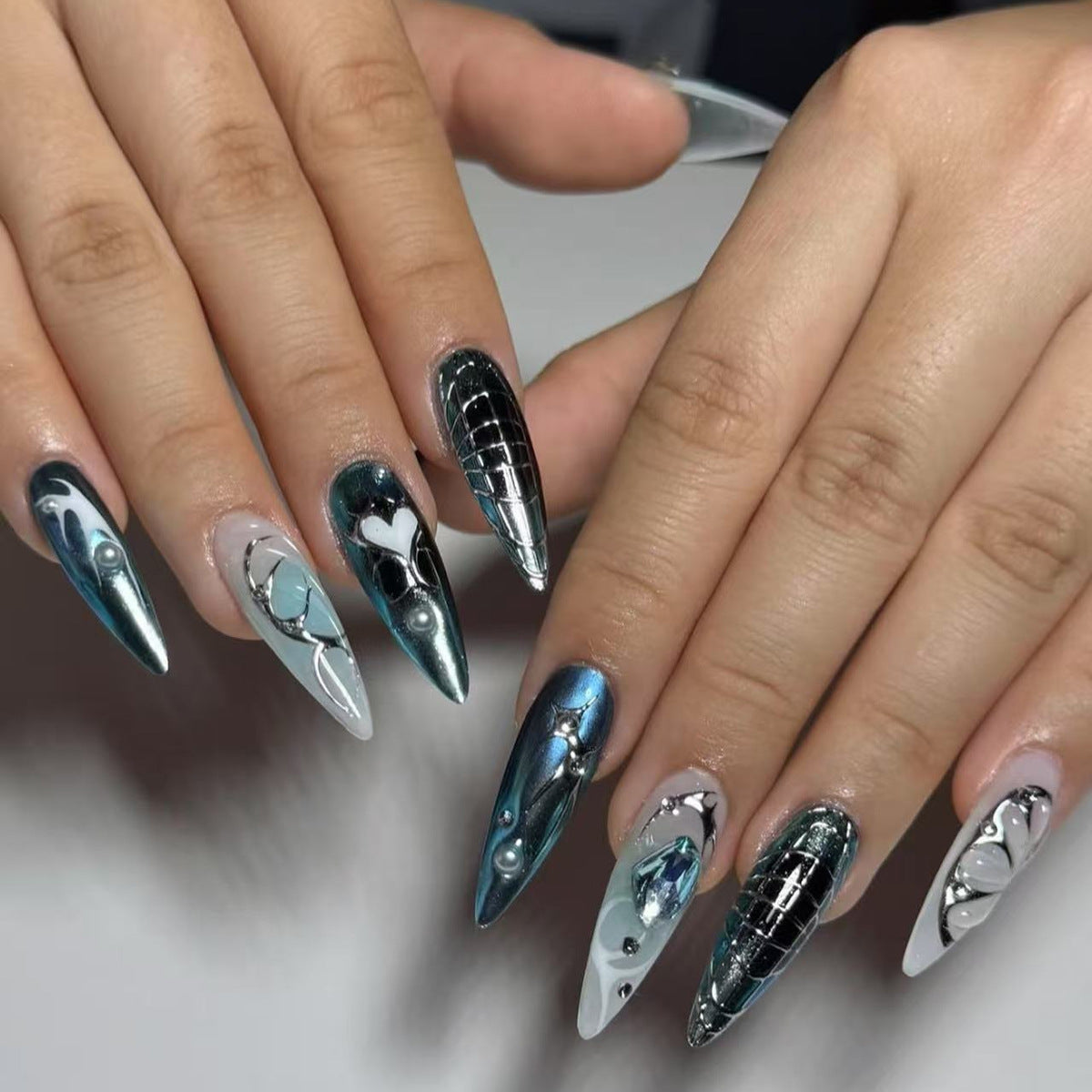 Oceanic Dream Long Stiletto Metallic Turquoise with Intricate Pearl and Heart Designs Nail Set