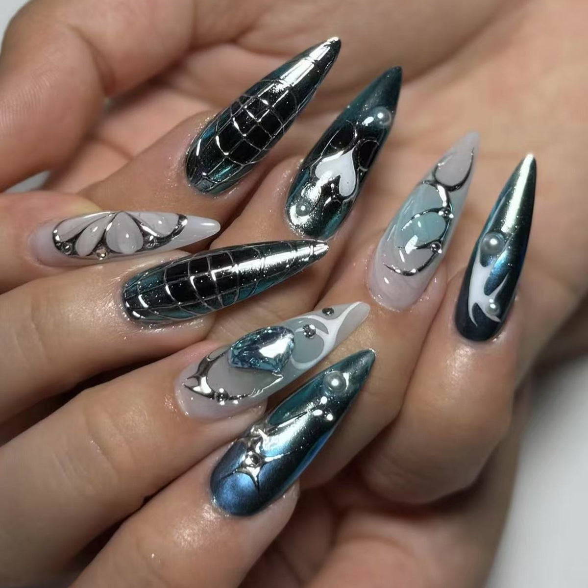 Celestial Elegance Long Stiletto Twilight Gray Press on Nails with Iridescent Metallic Finish