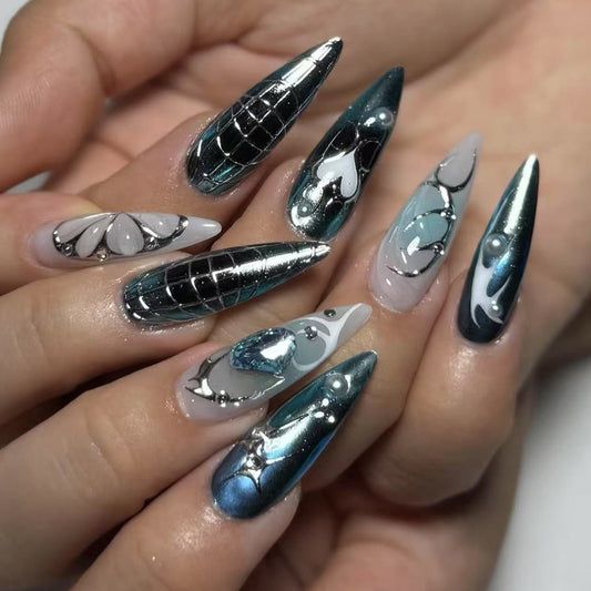 Celestial Elegance Long Stiletto Twilight Gray Press on Nails with Iridescent Metallic Finish