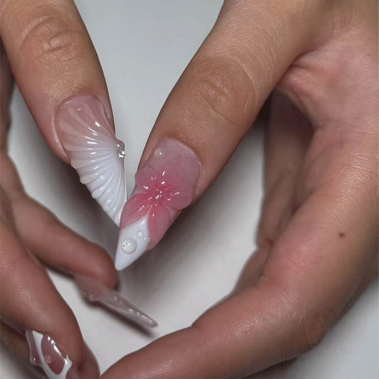 Ocean Breeze Elegant Long Stiletto White and Pink Floral Press On Nail Set