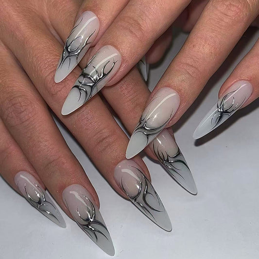 Mystical Dreamscape Long Stiletto Ombre White with Intricate Black Swirl Design Press-On Nail Set