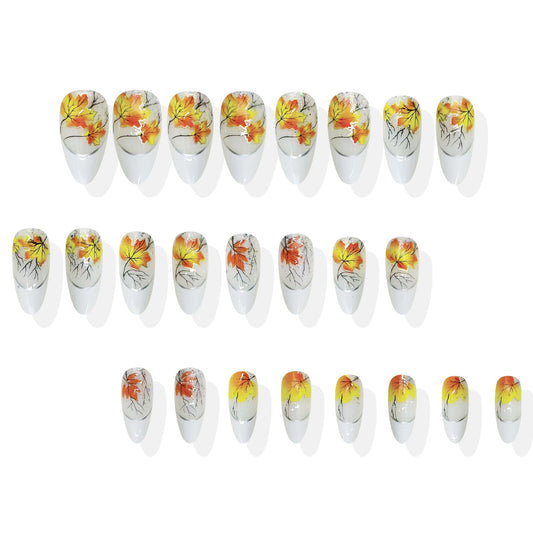 Autumn Bliss Elegant Medium Oval Shaped White and Yellow Floral Design Press On Nail Set