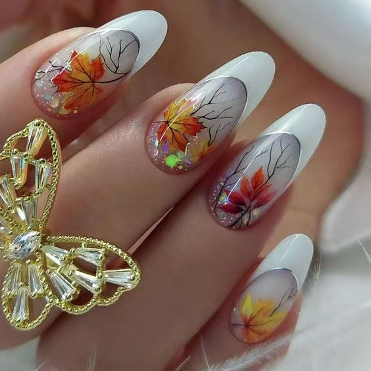 Autumn Elegance Long Oval Gradient White with Vibrant Leaf Art