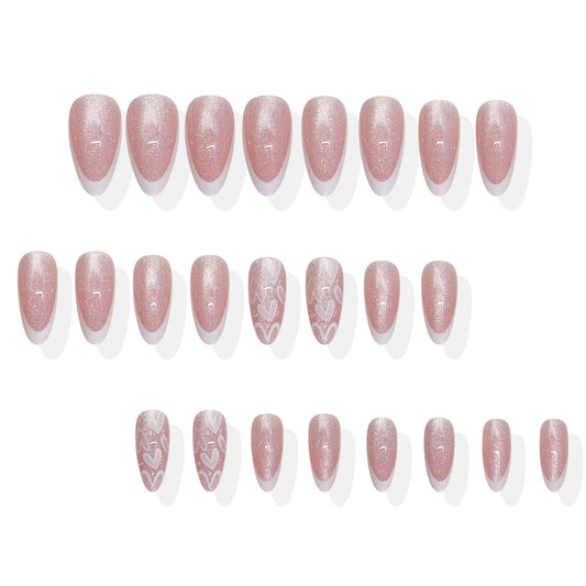 Romantic Elegance Press On Nail Set Long Almond Shape Shimmering Pink with Heart Designs