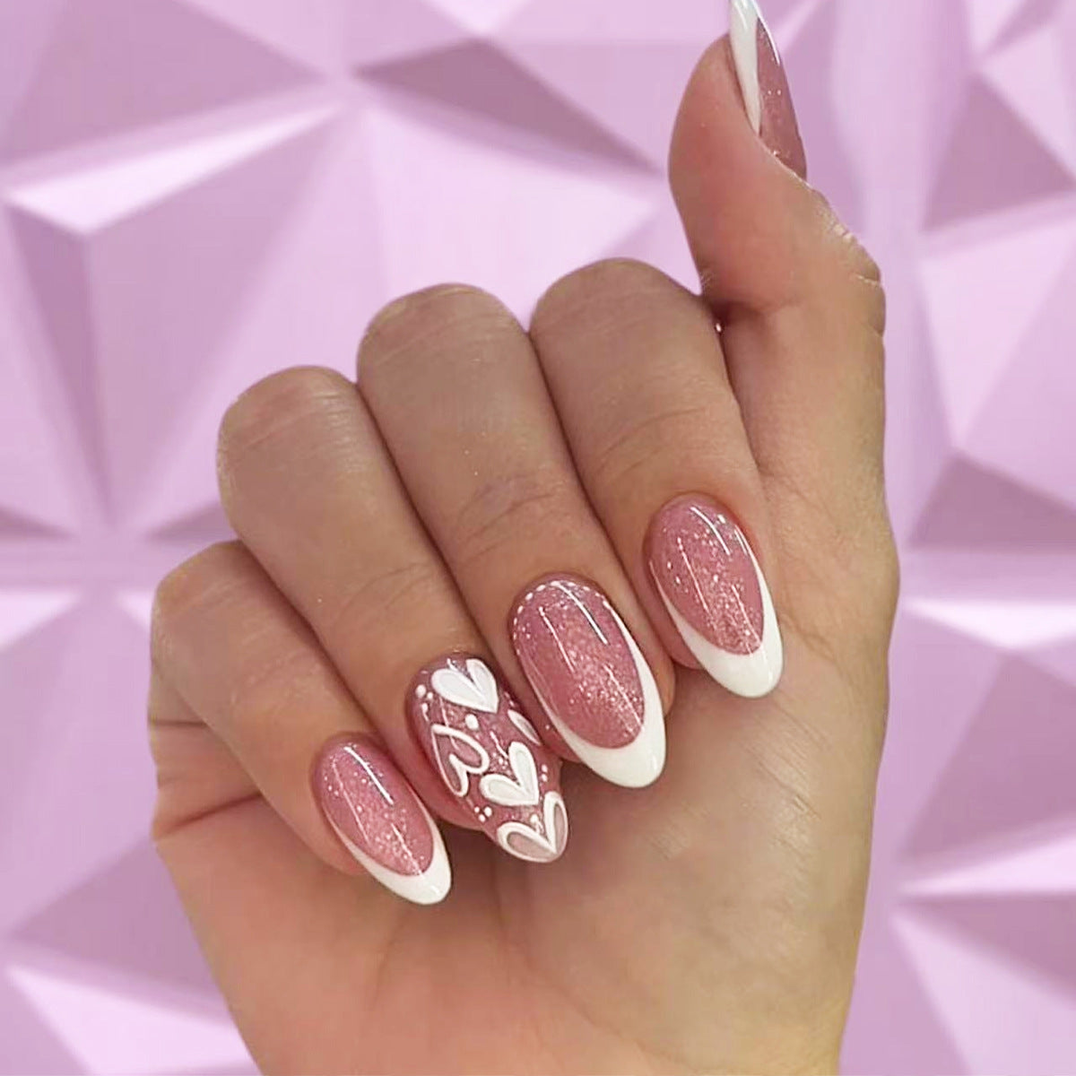 Charming Romance Long Oval Pink and White Press On Nail Set with Heart Design
