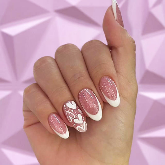 Charming Romance Long Oval Pink and White Press On Nail Set with Heart Design