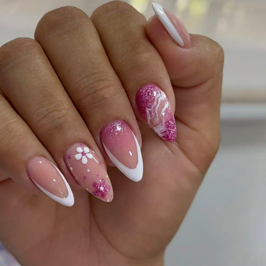 Chic Floral Dream Long Stiletto Pink and White with Glittering Accents Press on Nail Set