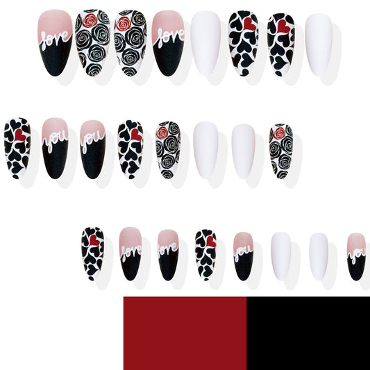 Romantic Floral Dream Long Oval Red and Black Press-On Nail Set with Heart and Rose Designs