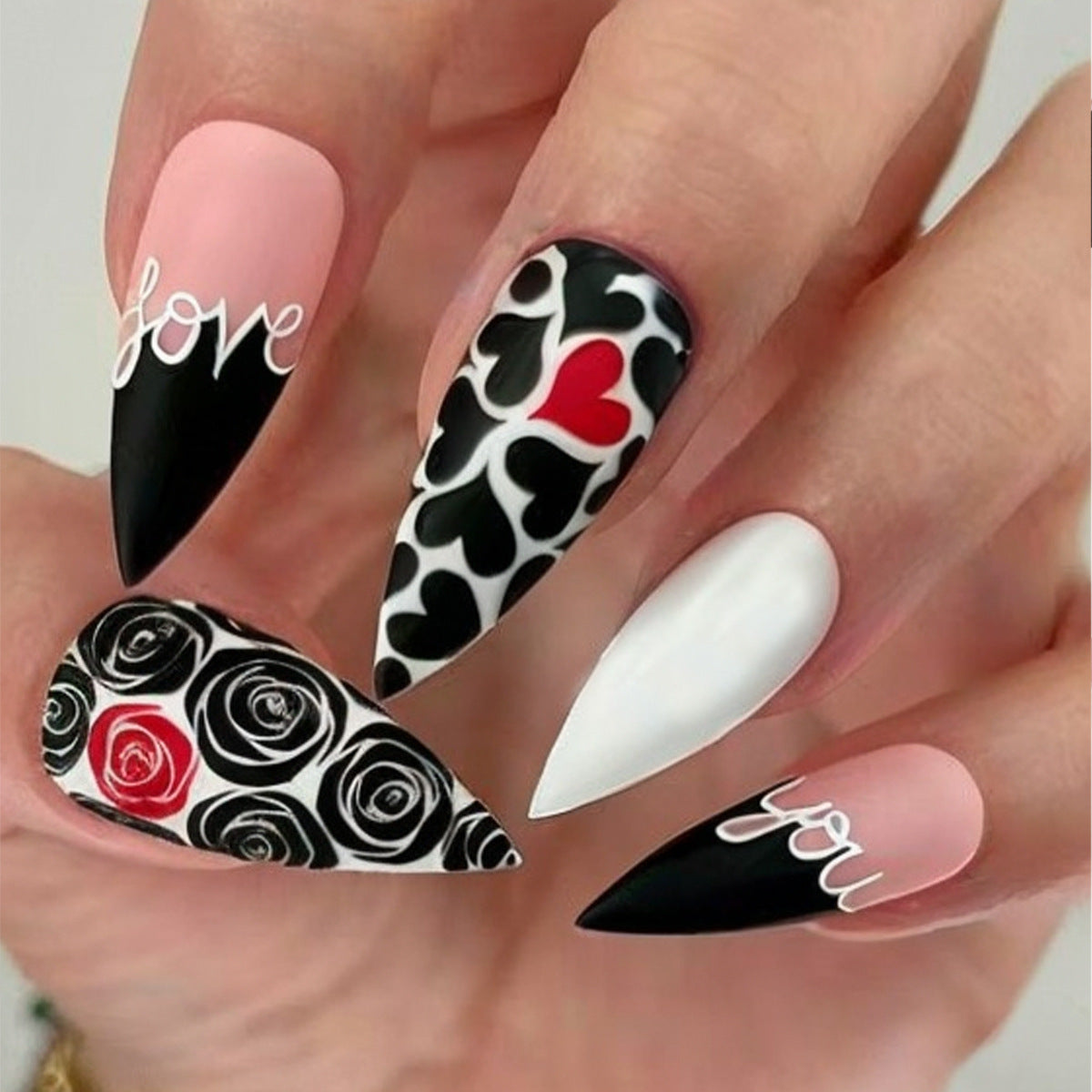 Romantic Elegance Long Stiletto Pink Black White Red Floral Heart Nail Set