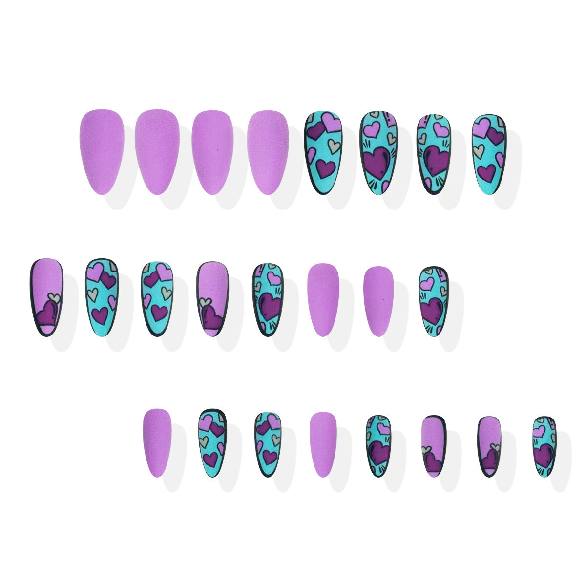Sweetheart Dream Matte Medium Almond Purple and Turquoise Love Hearts Press On Nail Set