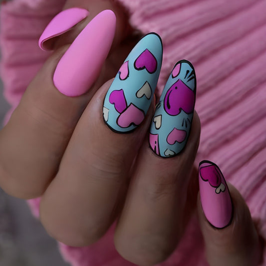 Love Inspired Long Almond Pink and Blue Heart Pattern Press On Nail Set