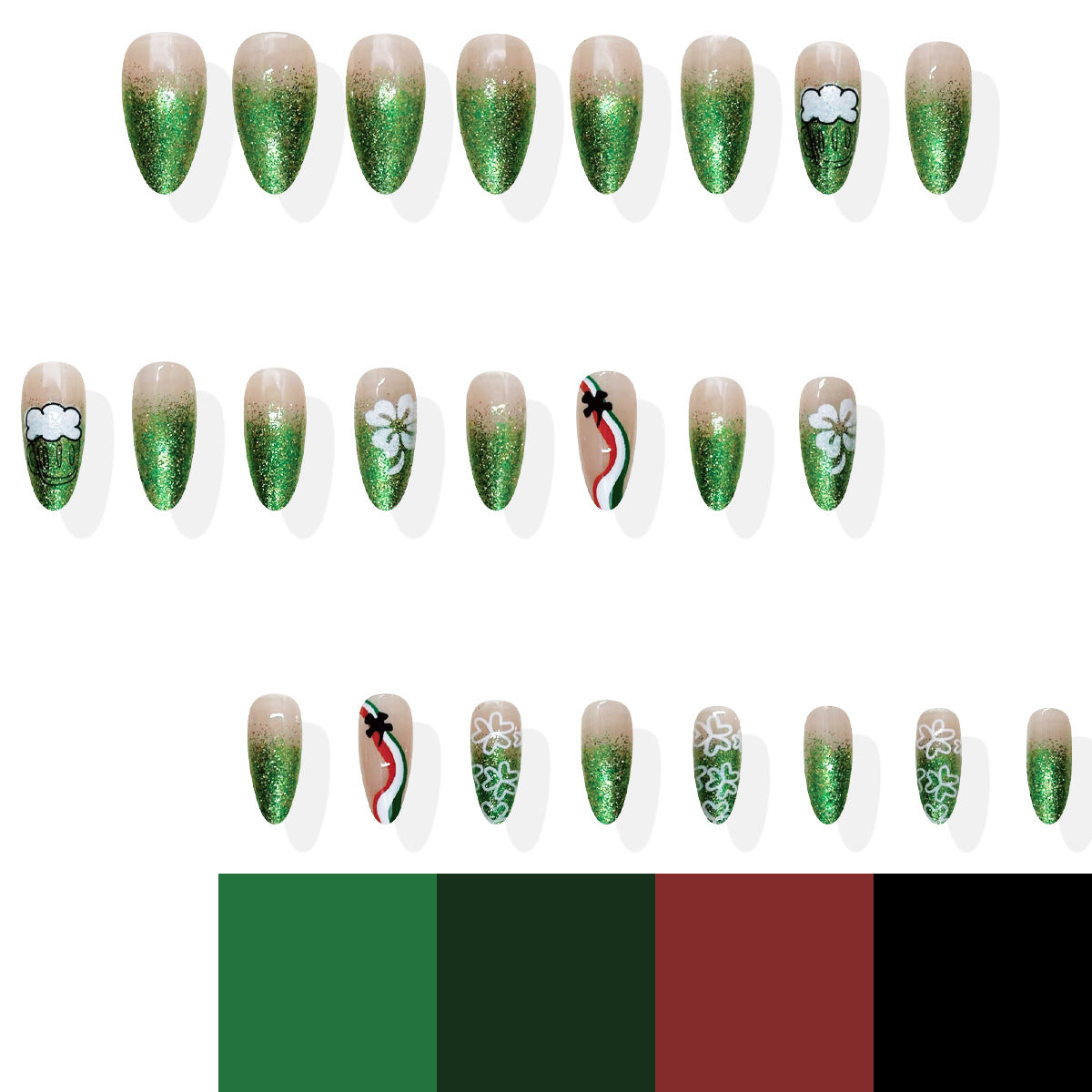 Festive Emerald Long Almond Glitter Press On Nail Set with Unique Floral and Chili Designs