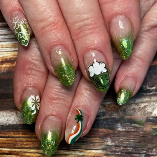 Lucky Clover Long Almond Green Gradient Press On Nail Set with Sparkling Glitter and Festive Beer Design