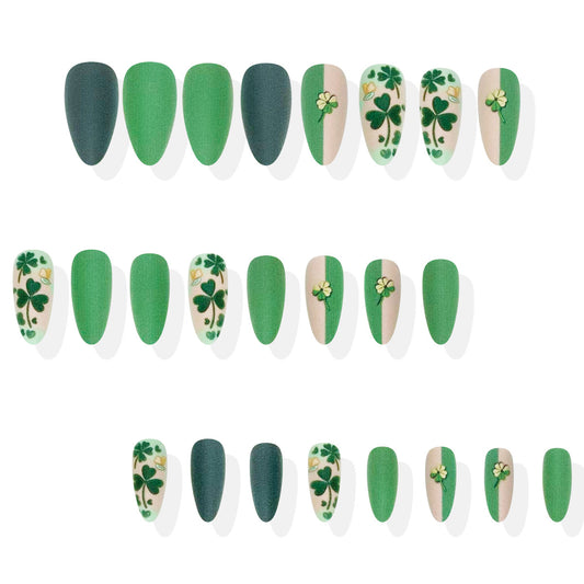 Lucky Charm Emerald Green Long Almond Press-On Nail Set with Vibrant Clover Designs