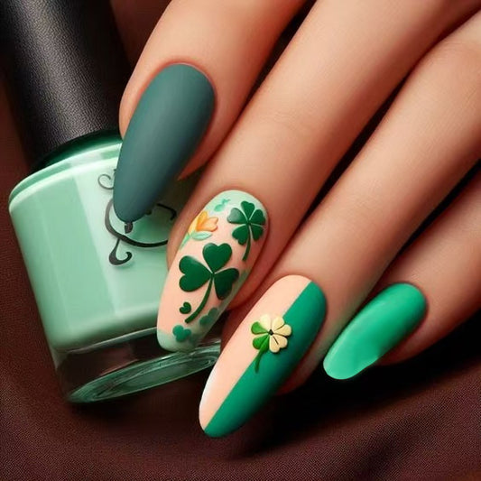 Lucky Charm Emerald Long Almond Press on Nail Set with Floral Design