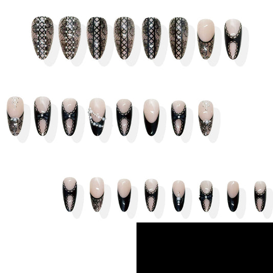 Elegant Lace Inspired Long Stiletto Press On Nail Set in Black and Beige with Intricate Chain and Pearl Details