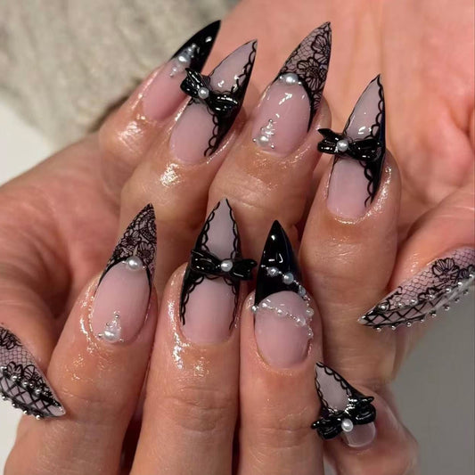 Enchanting Elegance Long Stiletto Black Lace and Pearl Accented Press On Nail Set