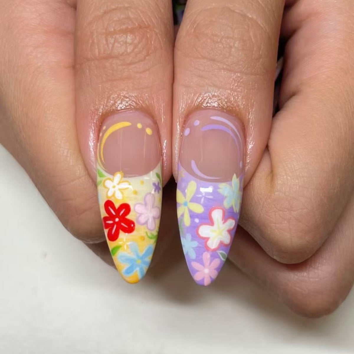 Whimsical Floral Dream Long Almond Multicolored Press on Nail Set with Vibrant Flower Designs