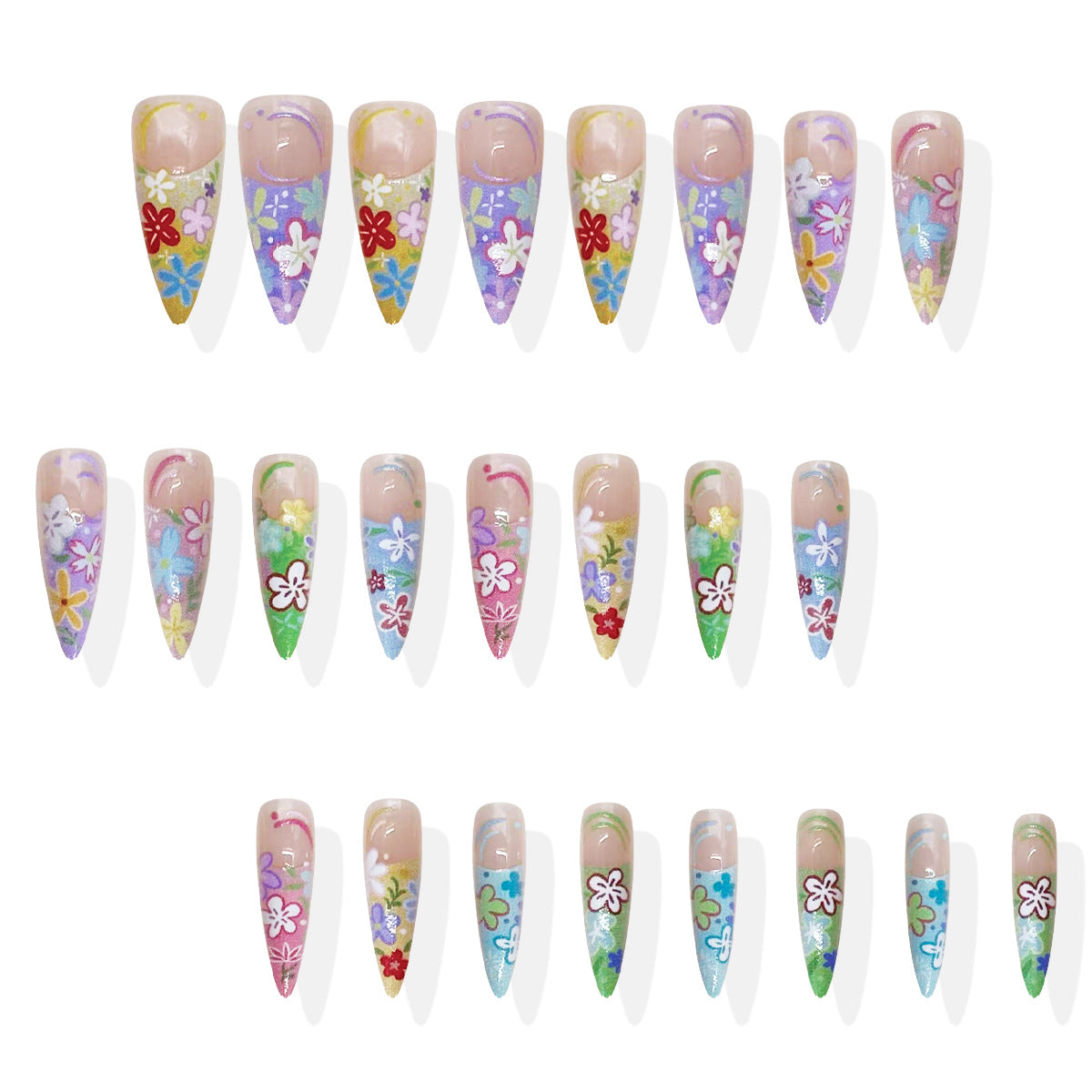 Floral Fantasy Long Stiletto Multicolored Press-On Nail Set with Vibrant Flower Art Design