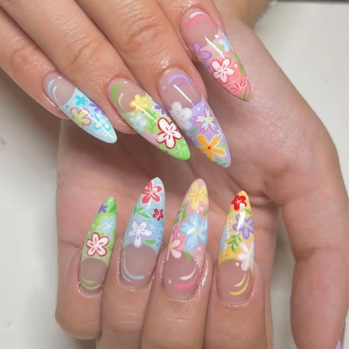Blossom Dreams Long Stiletto Shaped Colorful Floral Design Press On Nail Set