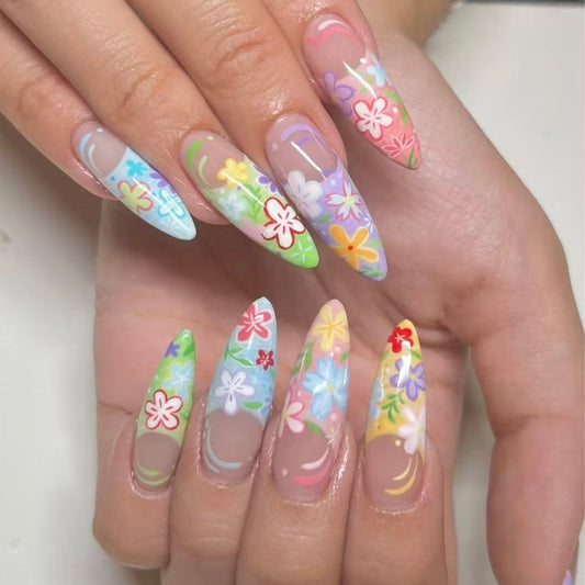 Blossom Dreams Long Stiletto Shaped Colorful Floral Design Press On Nail Set