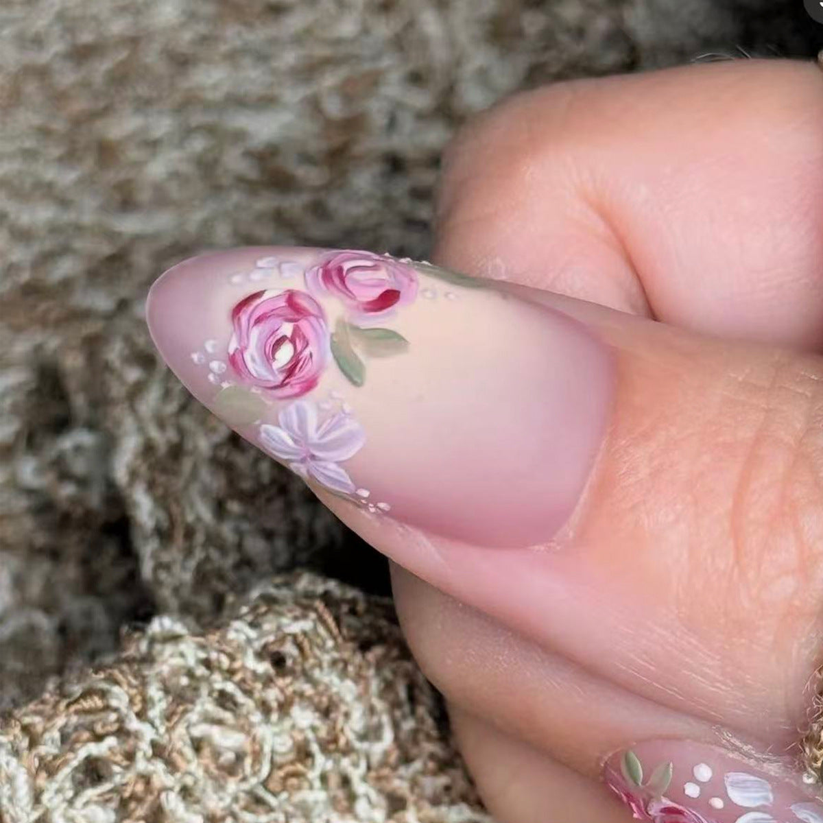 Whimsical Garden Delight Long Almond Pink Floral Press On Nail Set with Intricate Hand-Painted Roses