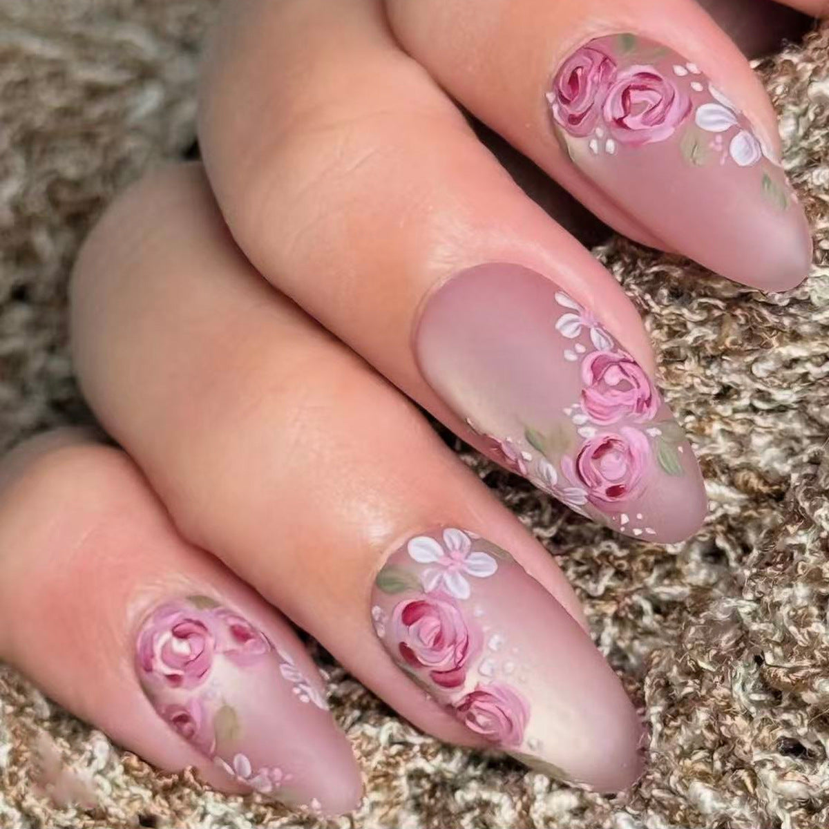 Elegant Garden Fantasy Short Almond Soft Pink Floral Press On Nail Set