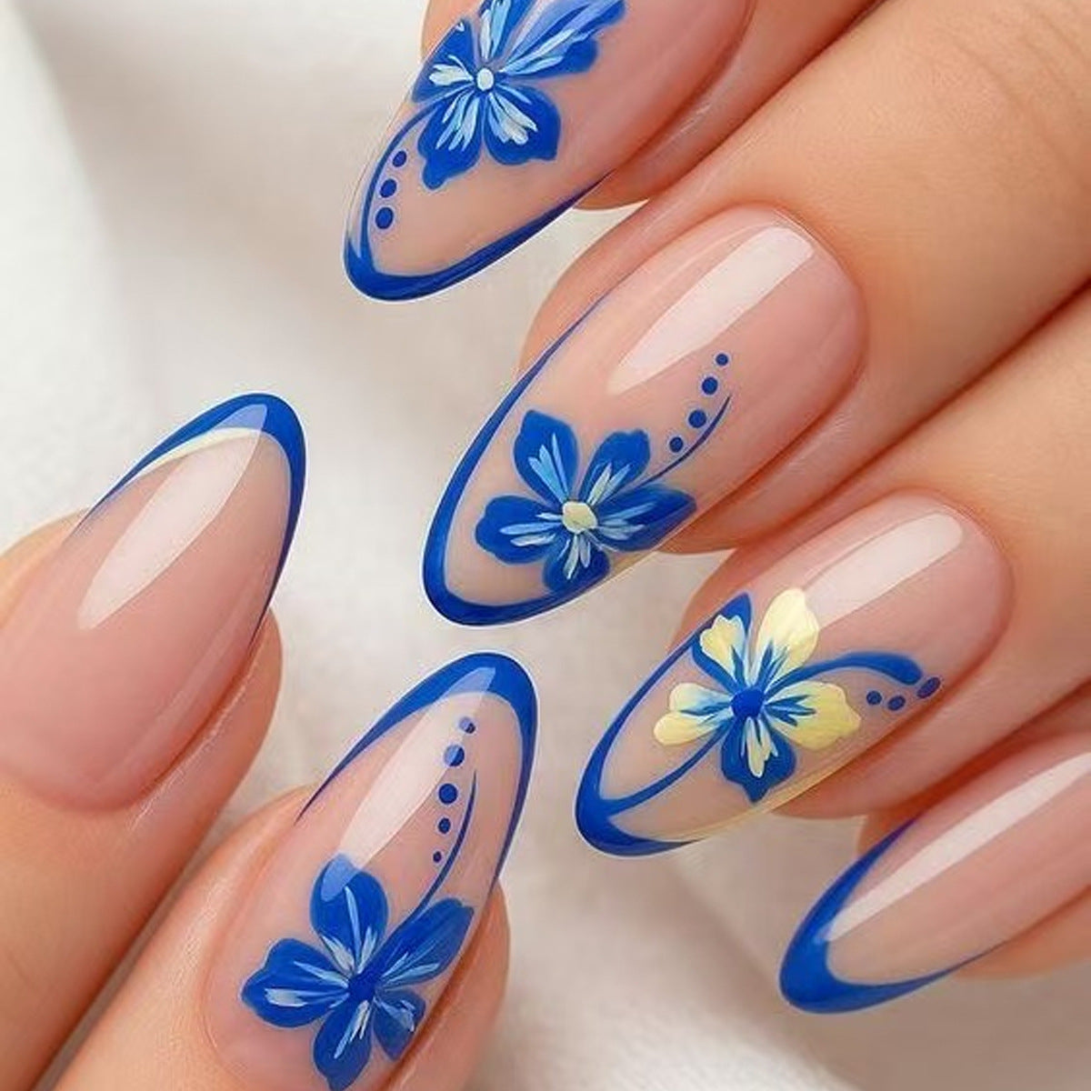 Floral Bliss Long Almond Blue Floral Design Press On Nail Set