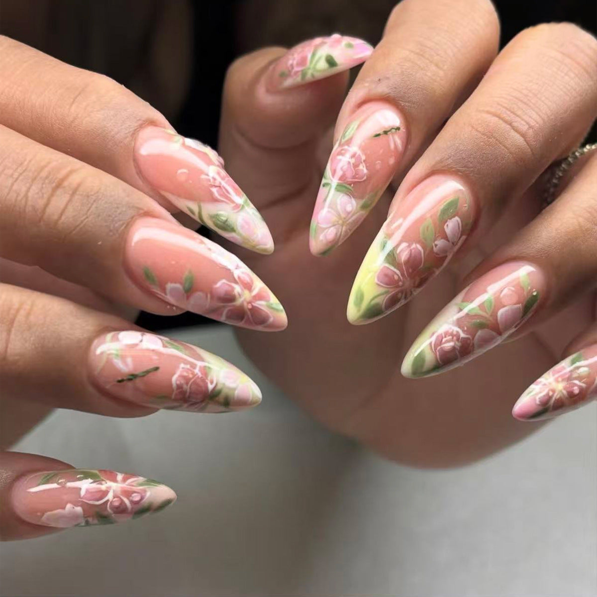 Floral Fantasy Long Almond Pink with Elegant Flower Art Press On Nail Set