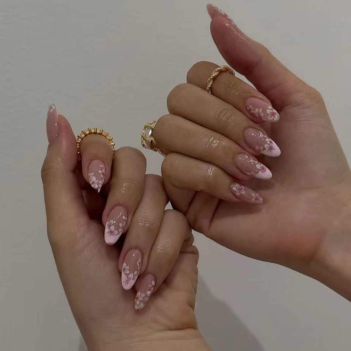 Whimsical Blossom Medium Almond Pink Floral Press On Nail Set