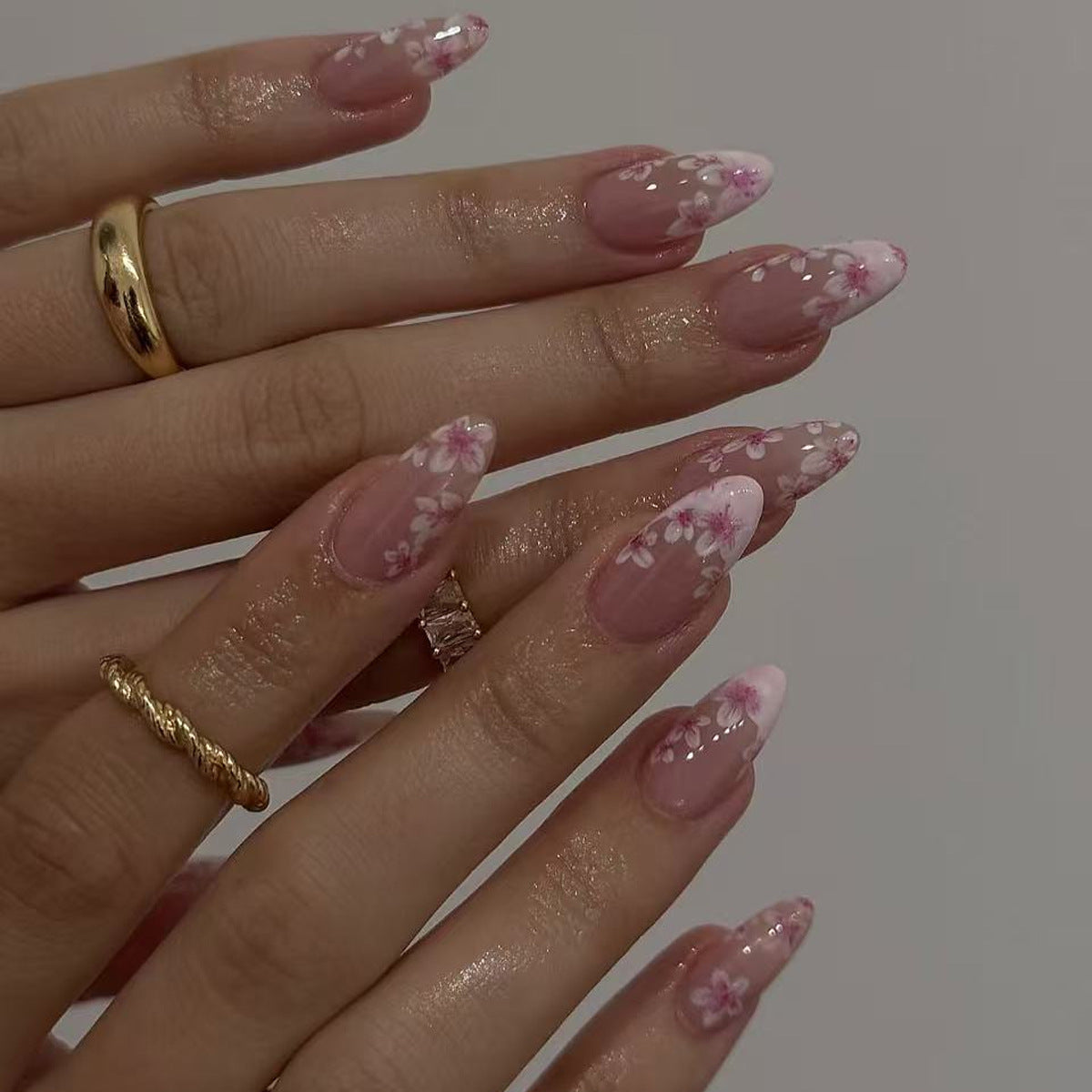 Blossom Dreams Medium Almond Pink Floral Press On Nail Set