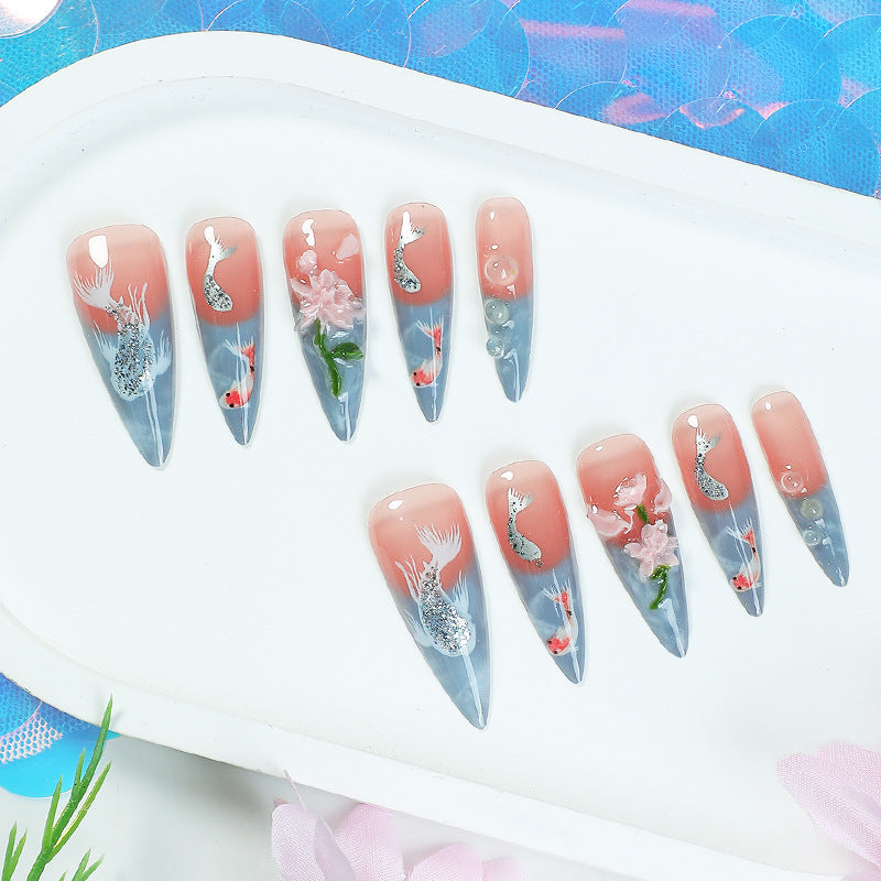 Whimsical Aquatic Beauty Medium Stiletto Pink and Blue Gradient Press On Nail Set with Floral and Fish Accents