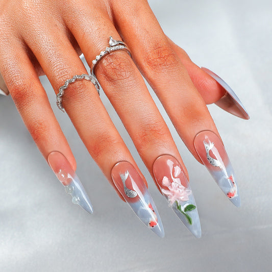 Whimsical Garden Fantasy Long Almond Blue Floral Press-On Nail Set