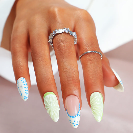 Tropical Vibes Medium Almond Shape Green and White with Intricate Citrus Design Press On Nail Set