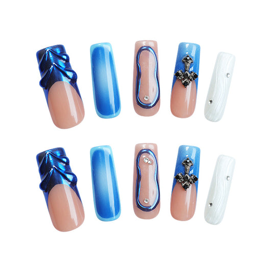 Oceanic Elegance Long Square Shaped Blue and Beige Press on Nail Set with Unique Metallic Accents