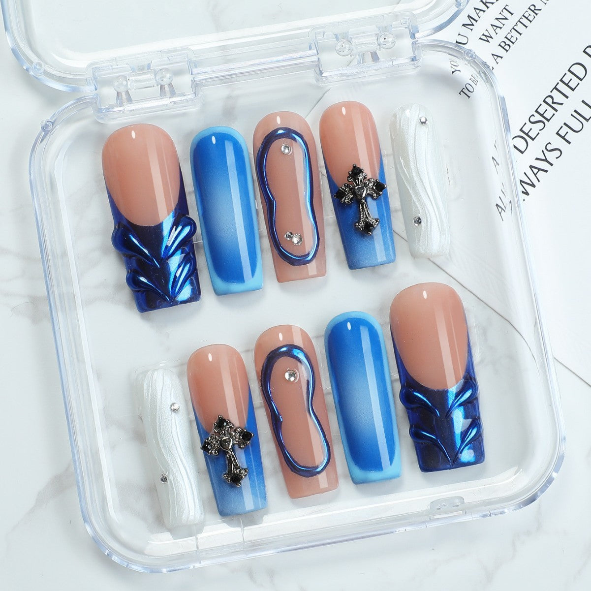 Mystical Ocean Dream Long Square Blue and Beige Press on Nail Set with Unique Cross and Gemstone Accents
