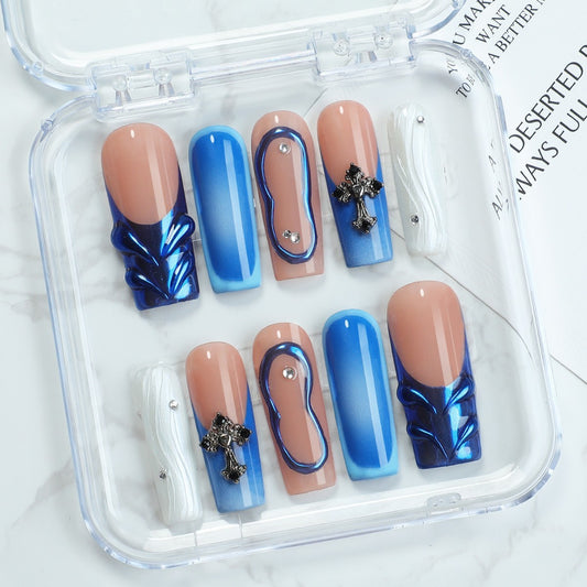 Mystical Ocean Dream Long Square Blue and Beige Press on Nail Set with Unique Cross and Gemstone Accents