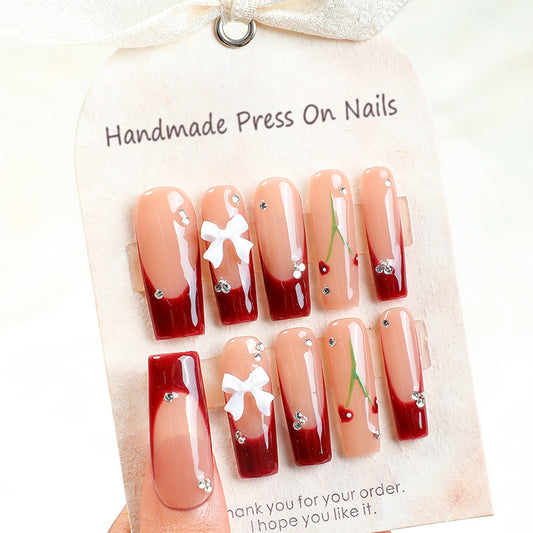 Charming Autumn Elegance Long Square Beige and Red Press On Nail Set with Bows and Gems
