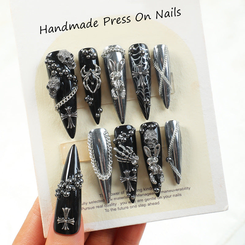 Gothic Glamour Long Stiletto Black Press On Nails with Metallic Silver Embellishments and Intricate Designs