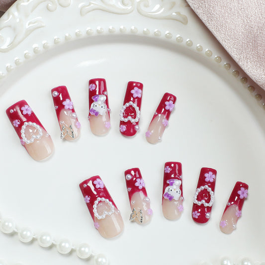 Kawaii Romance Long Square Red Floral Press On Nail Set With Glittering Heart And Kitty Accents