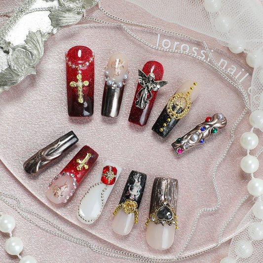 Divine Elegance Long Square Glossy Red and Black Press On Nail Set with Intricate Religious Charms and Gemstone Accents