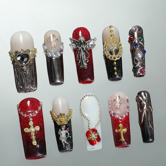 Gothic Elegance Long Square Red and Black Press on Nail Set with Intricate Charms and Embellishments