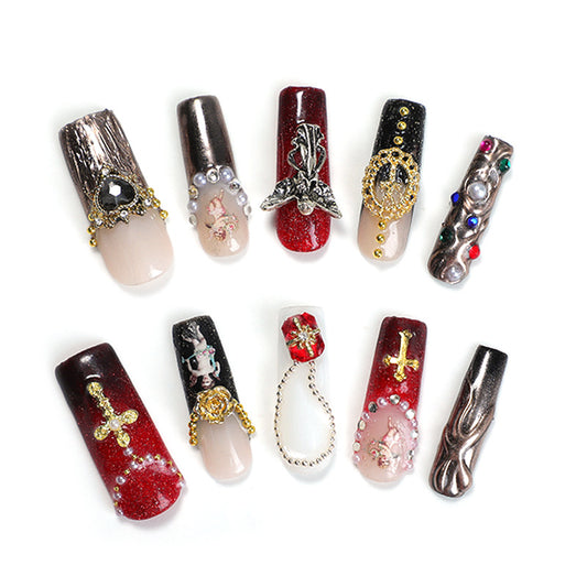 Gothic Glamour Long Square Red and Black Press on Nail Set with Stunning Embellishments