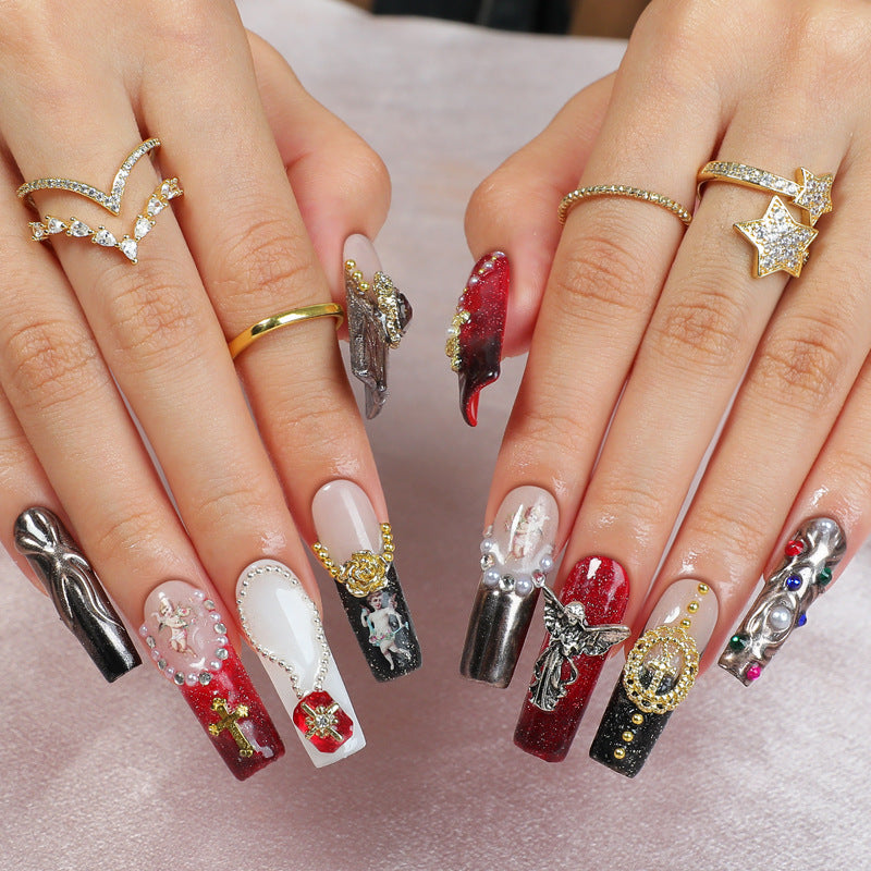 Elegant Enchantment Long Square Shape Red Black Glamorous Nail Set with Intricate Designs