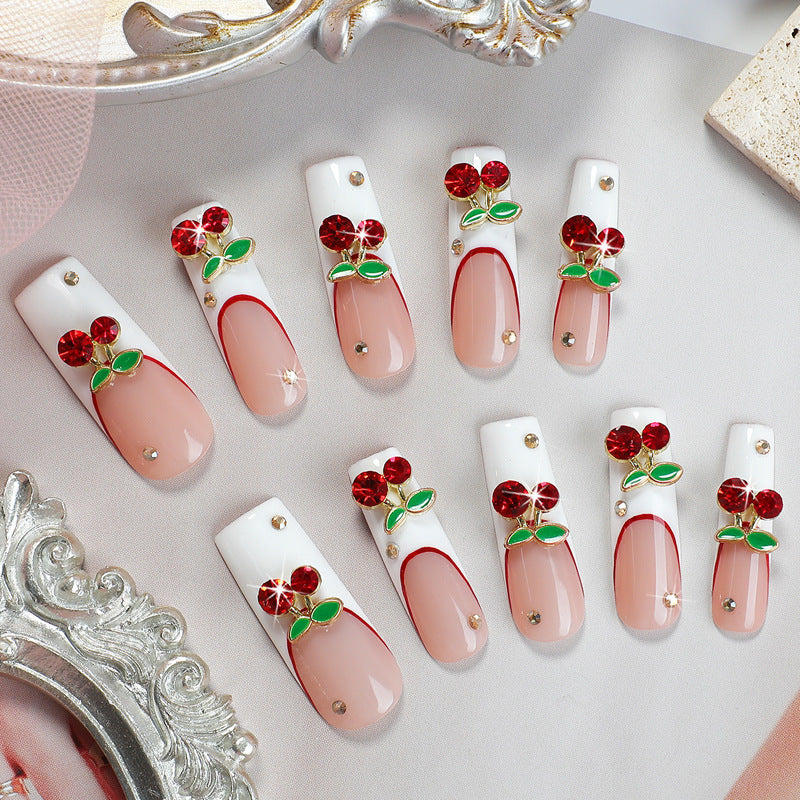 Cherry Blossom Delight Press-On Nail Set Long Square Pink and White with Stunning Cherry Blossom Accents
