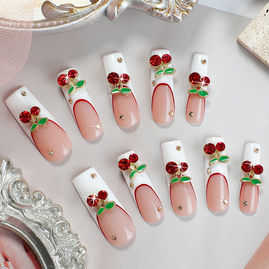 Cherry Blossom Delight Press-On Nail Set Long Square Pink and White with Stunning Cherry Blossom Accents