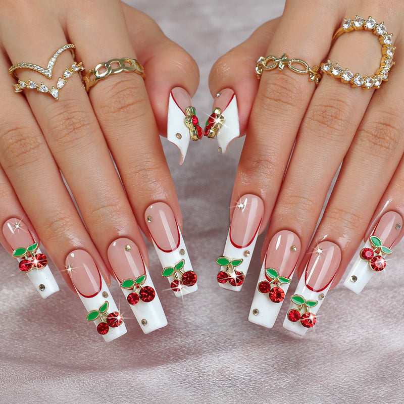 Cherry Blossom Dream Long Square White and Red Cherry Decorated Press On Nail Set