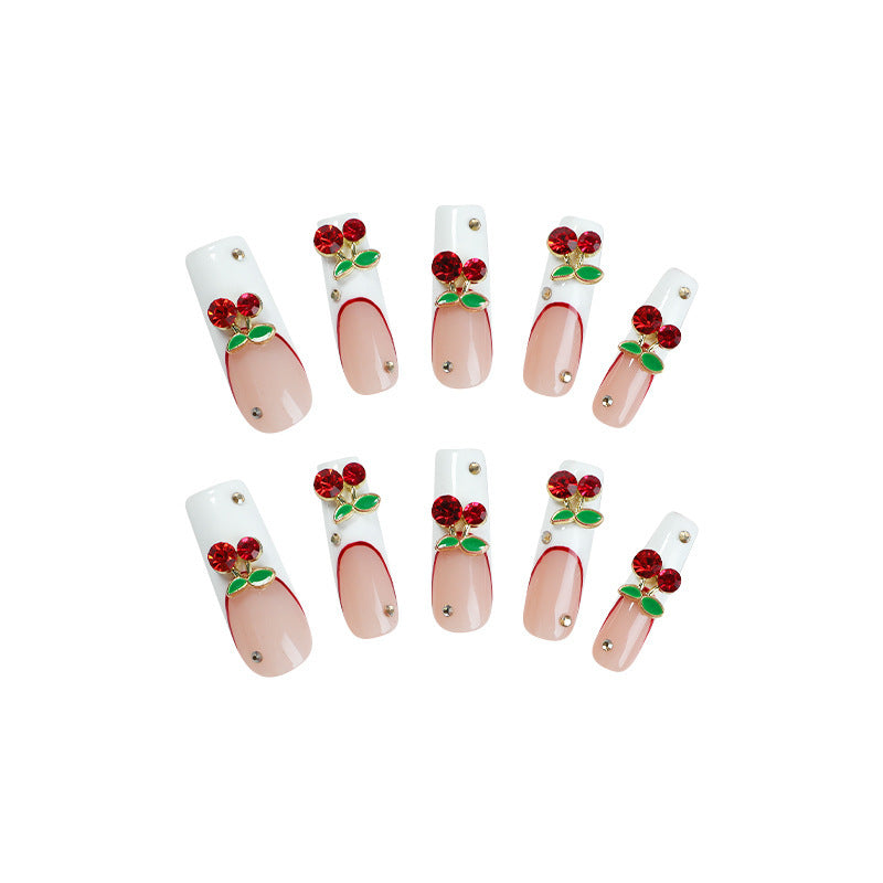 Cherry Blossom Delight Long Coffin Beige and White Nails with Floral Embellishments
